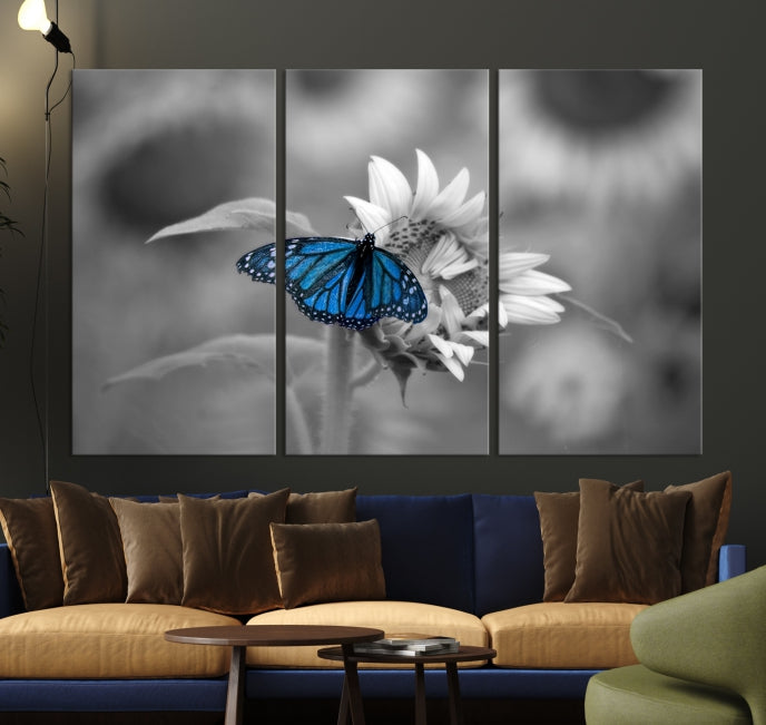 Pretty Blue Butterfly Black and White Canvas Wall Art Print Framed Ready to Hang