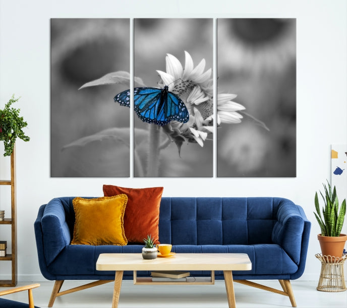 Pretty Blue Butterfly Black and White Canvas Wall Art Print Framed Ready to Hang