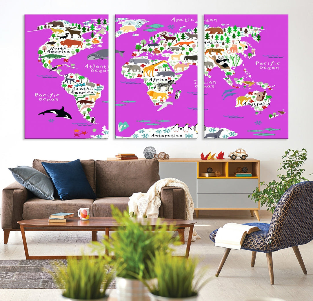 Purple Animal World Map Canvas Prints For Kids Room Decoration, Kids World Map Canvas Print Nursery Room Canvas Wall