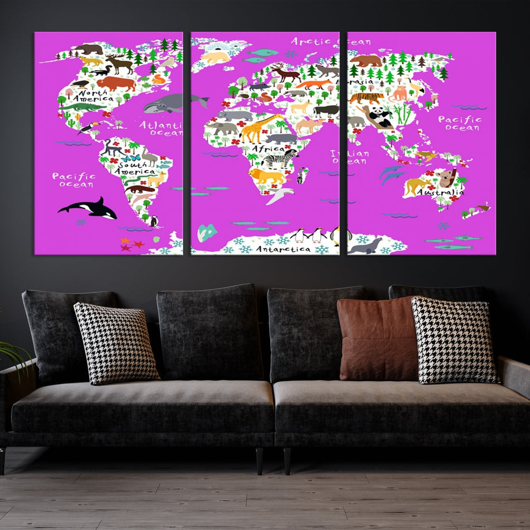 Purple Animal World Map Canvas Prints For Kids Room Decoration, Kids World Map Canvas Print Nursery Room Canvas Wall