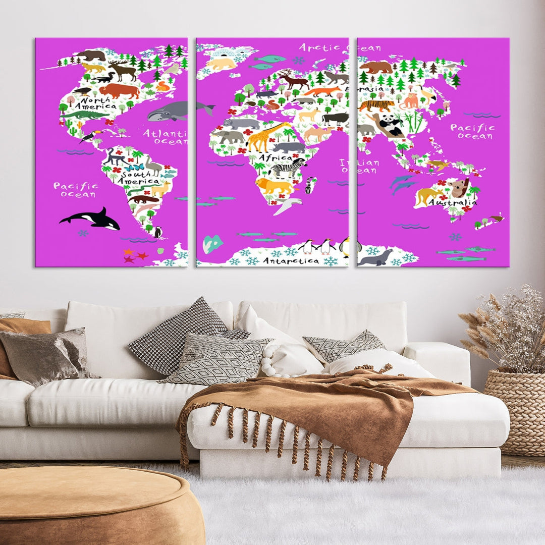 Purple Animal World Map Canvas Prints For Kids Room Decoration, Kids World Map Canvas Print Nursery Room Canvas Wall