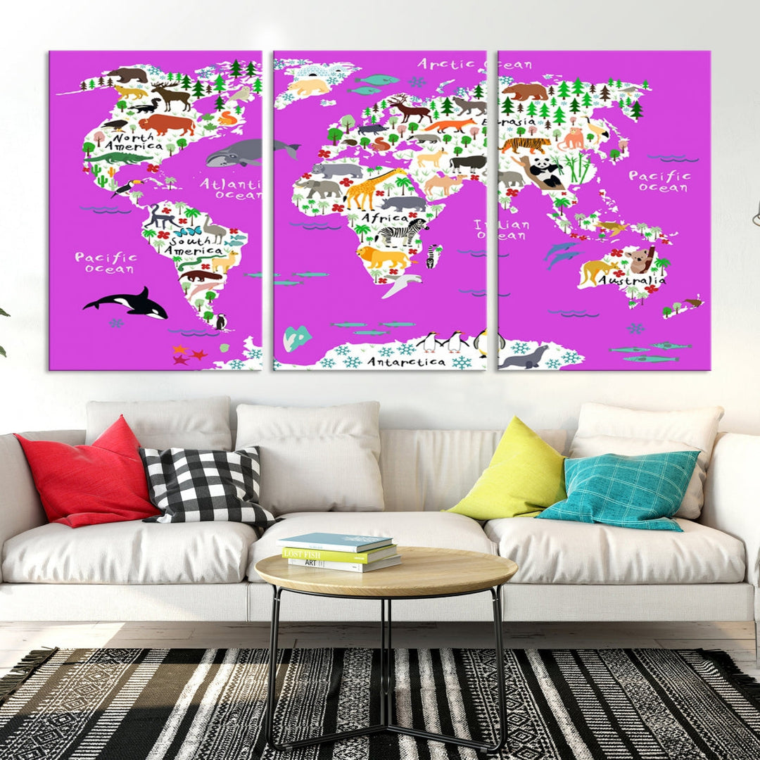 Purple Animal World Map Canvas Prints For Kids Room Decoration, Kids World Map Canvas Print Nursery Room Canvas Wall