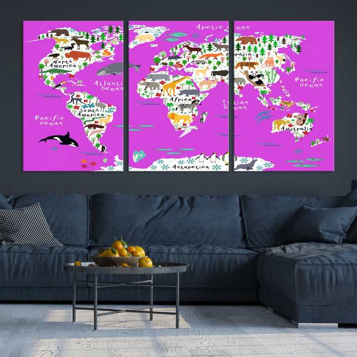 Purple Animal World Map Canvas Prints For Kids Room Decoration, Kids World Map Canvas Print Nursery Room Canvas Wall