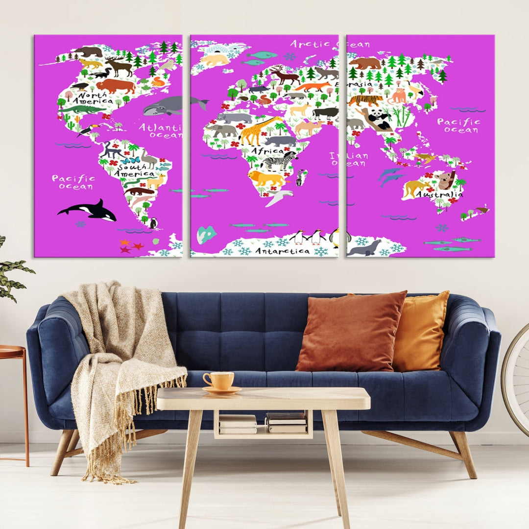 Purple Animal World Map Canvas Prints For Kids Room Decoration, Kids World Map Canvas Print Nursery Room Canvas Wall