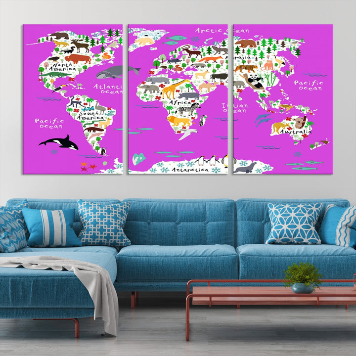 Purple Animal World Map Canvas Prints For Kids Room Decoration, Kids World Map Canvas Print Nursery Room Canvas Wall