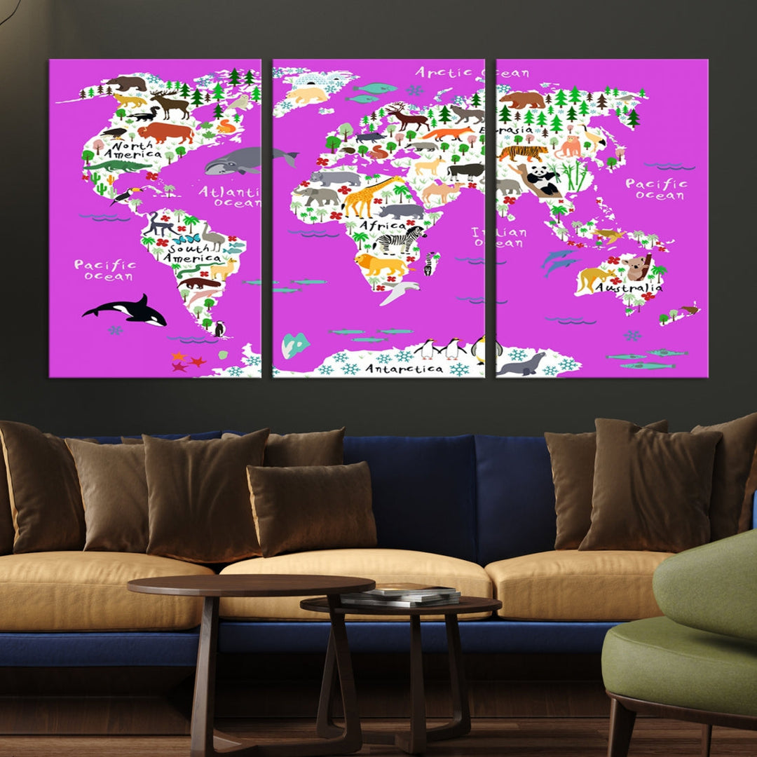 Purple Animal World Map Canvas Prints For Kids Room Decoration, Kids World Map Canvas Print Nursery Room Canvas Wall