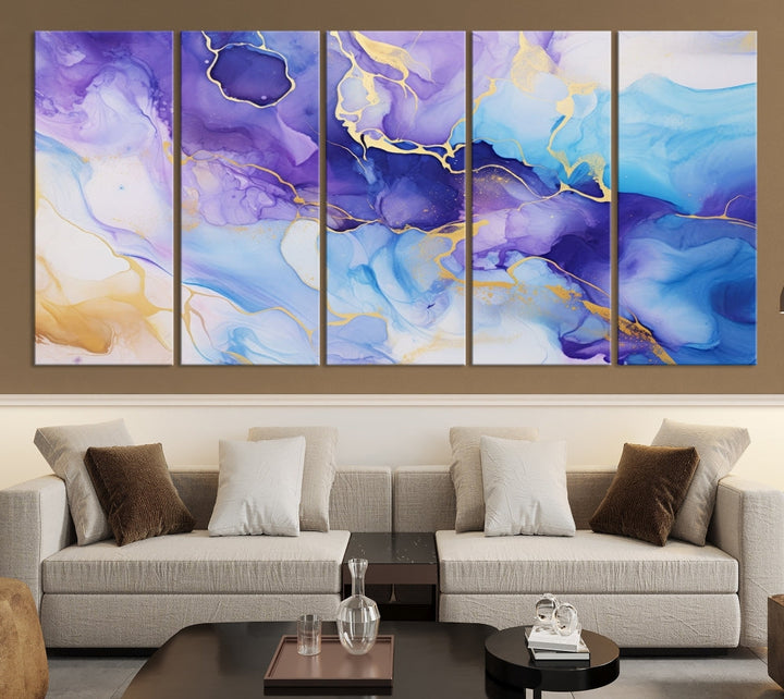 Purple Blue Gold Painting, Large Canvas Wall Art, Abstract Print, Marble Art, Modern Wall Decor