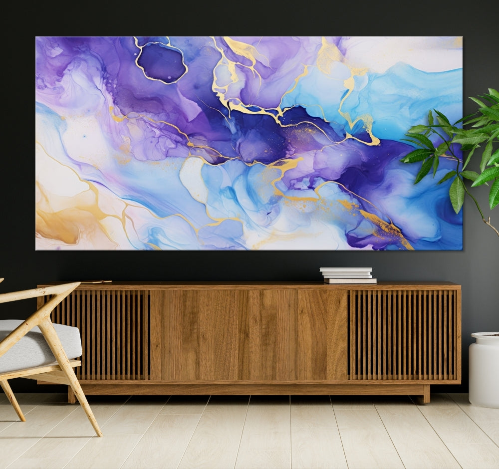 Purple Blue Gold Painting, Large Canvas Wall Art, Abstract Print, Marble Art, Modern Wall Decor