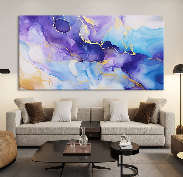 Purple Blue Gold Painting, Large Canvas Wall Art, Abstract Print, Marble Art, Modern Wall Decor