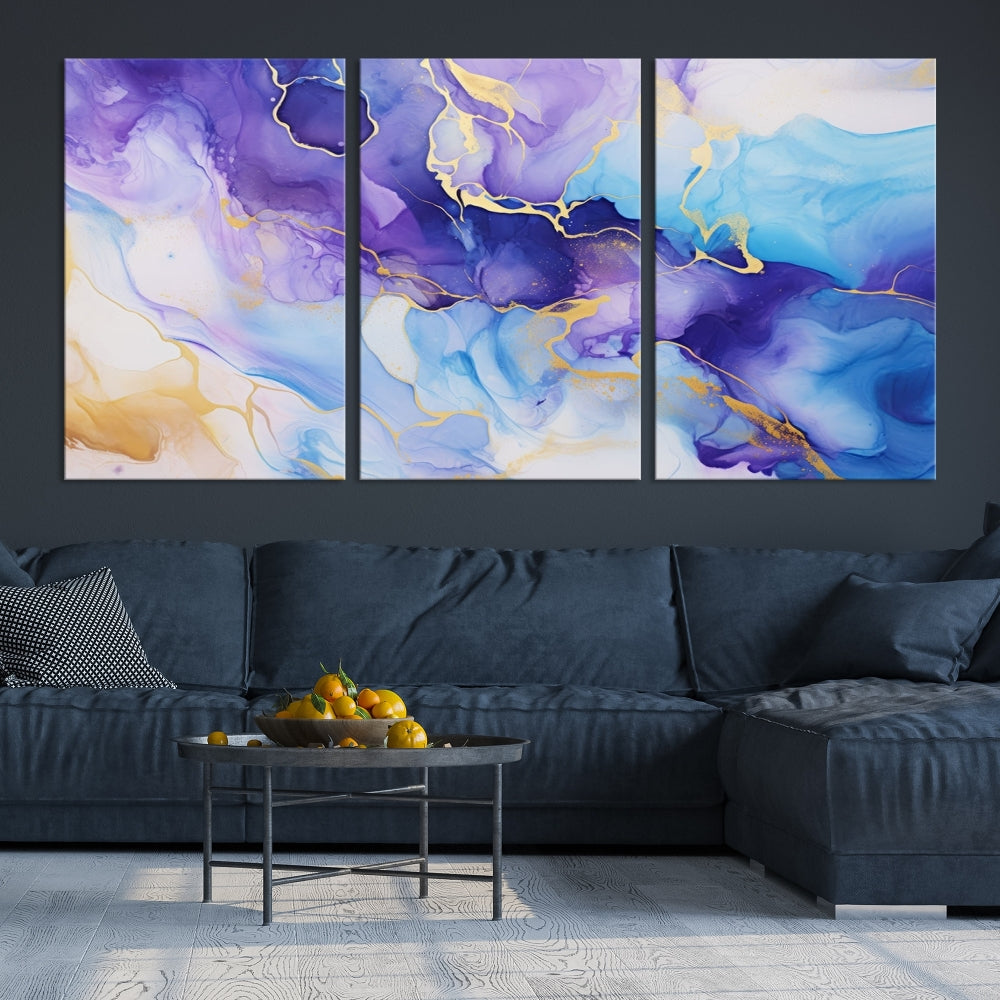 Purple Blue Gold Painting, Large Canvas Wall Art, Abstract Print, Marble Art, Modern Wall Decor