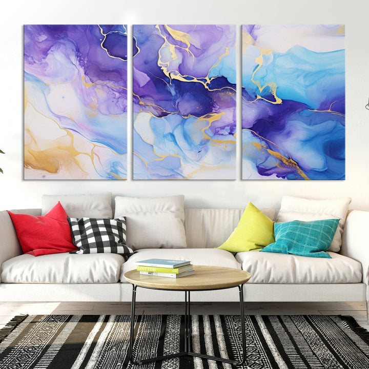 Purple Blue Gold Painting, Large Canvas Wall Art, Abstract Print, Marble Art, Modern Wall Decor