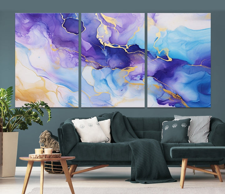 Purple Blue Gold Painting, Large Canvas Wall Art, Abstract Print, Marble Art, Modern Wall Decor