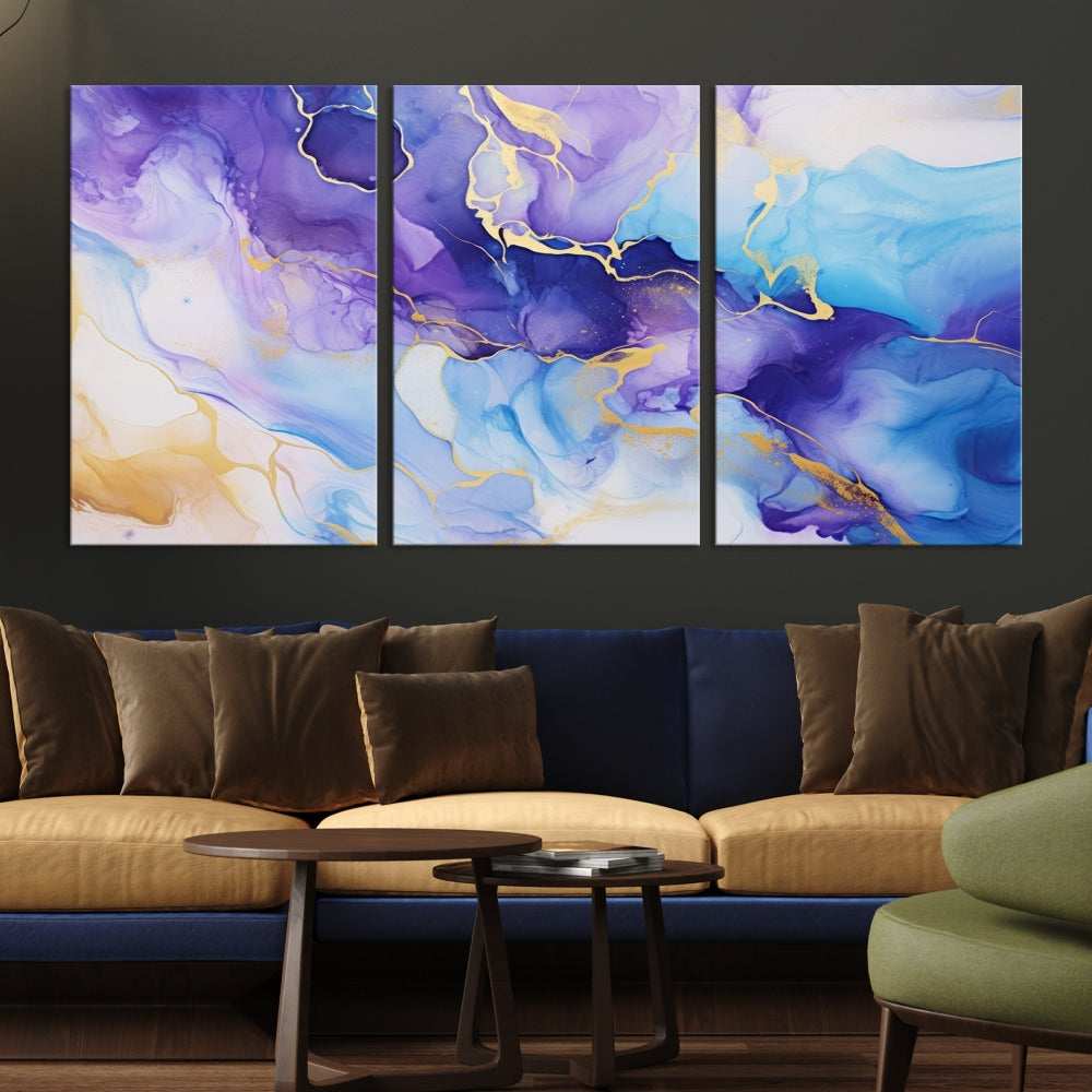 Purple Blue Gold Painting, Large Canvas Wall Art, Abstract Print, Marble Art, Modern Wall Decor