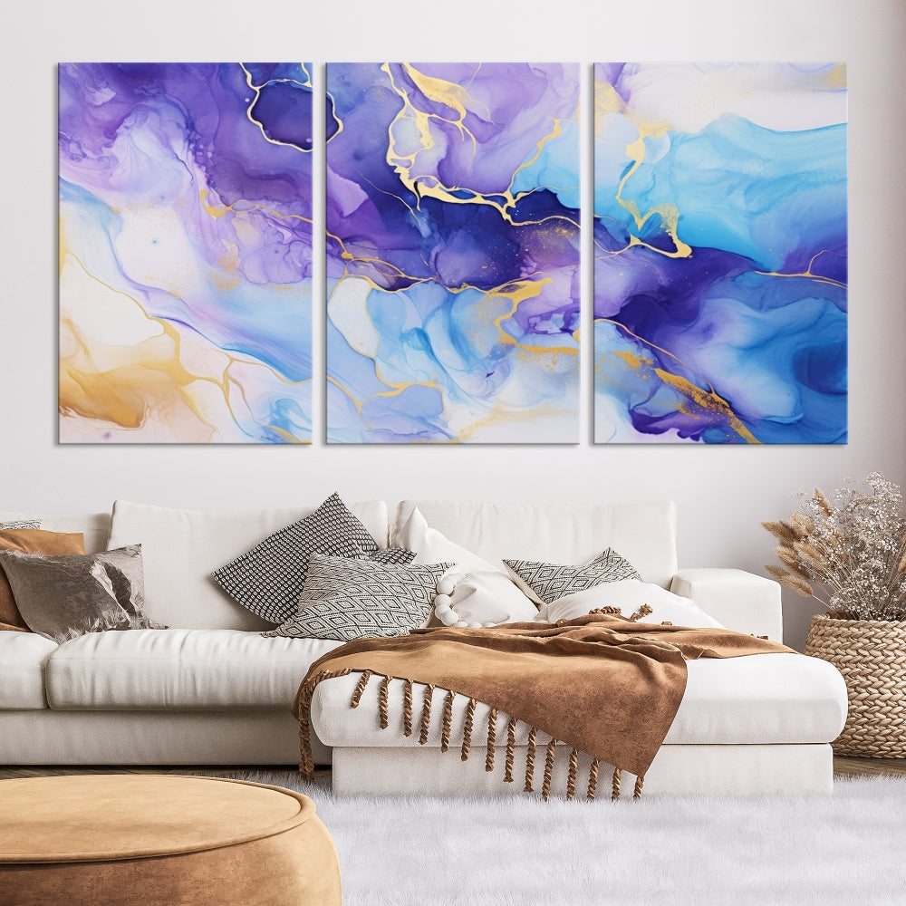 Purple Blue Gold Painting, Large Canvas Wall Art, Abstract Print, Marble Art, Modern Wall Decor