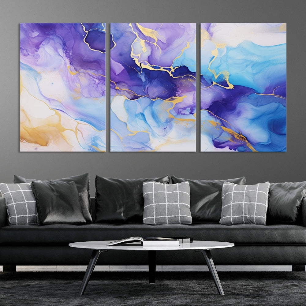 Purple Blue Gold Painting, Large Canvas Wall Art, Abstract Print, Marble Art, Modern Wall Decor