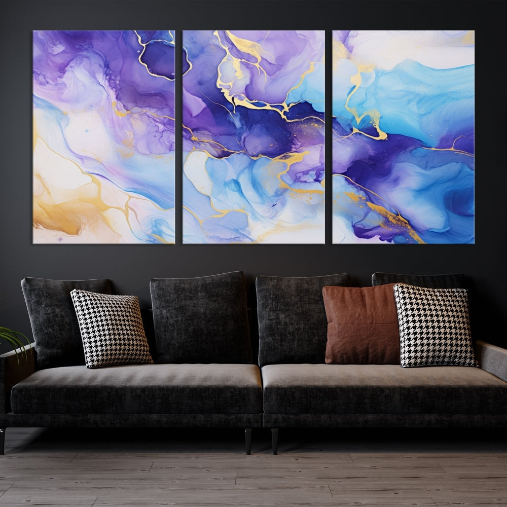 Purple Blue Gold Painting, Large Canvas Wall Art, Abstract Print, Marble Art, Modern Wall Decor