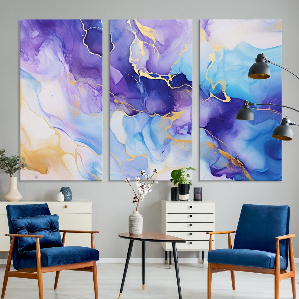 Purple Blue Gold Painting, Large Canvas Wall Art, Abstract Print, Marble Art, Modern Wall Decor