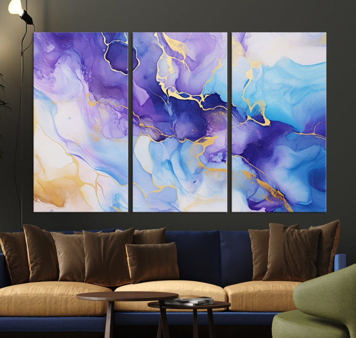 Purple Blue Gold Painting, Large Canvas Wall Art, Abstract Print, Marble Art, Modern Wall Decor