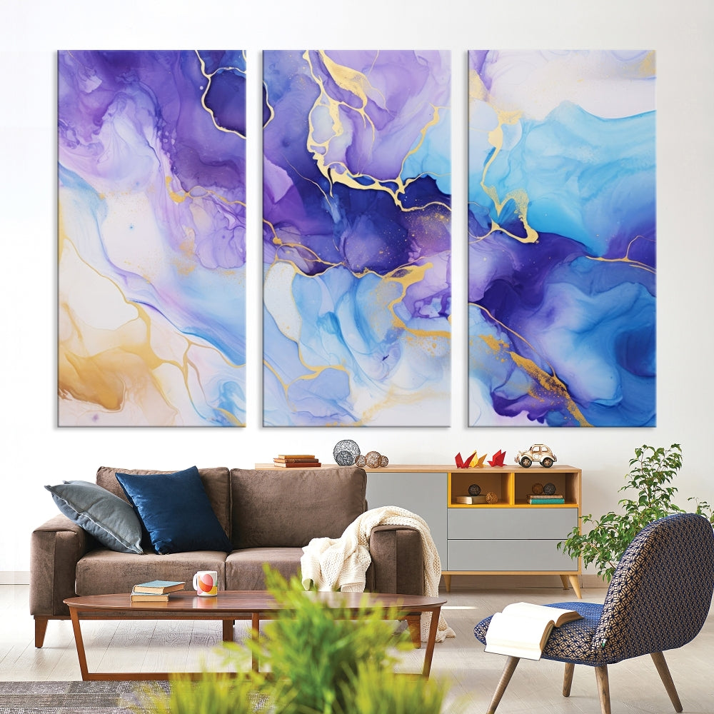 Purple Blue Gold Painting, Large Canvas Wall Art, Abstract Print, Marble Art, Modern Wall Decor