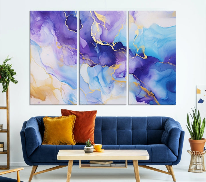 Purple Blue Gold Painting, Large Canvas Wall Art, Abstract Print, Marble Art, Modern Wall Decor