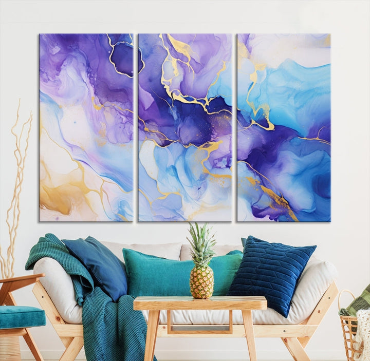 Purple Blue Gold Painting, Large Canvas Wall Art, Abstract Print, Marble Art, Modern Wall Decor