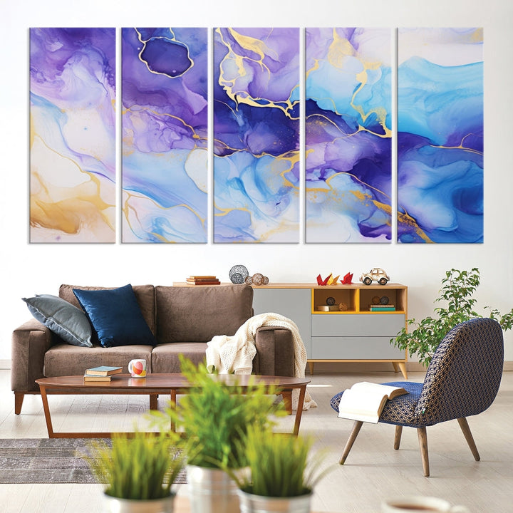 Purple Blue Gold Painting, Large Canvas Wall Art, Abstract Print, Marble Art, Modern Wall Decor