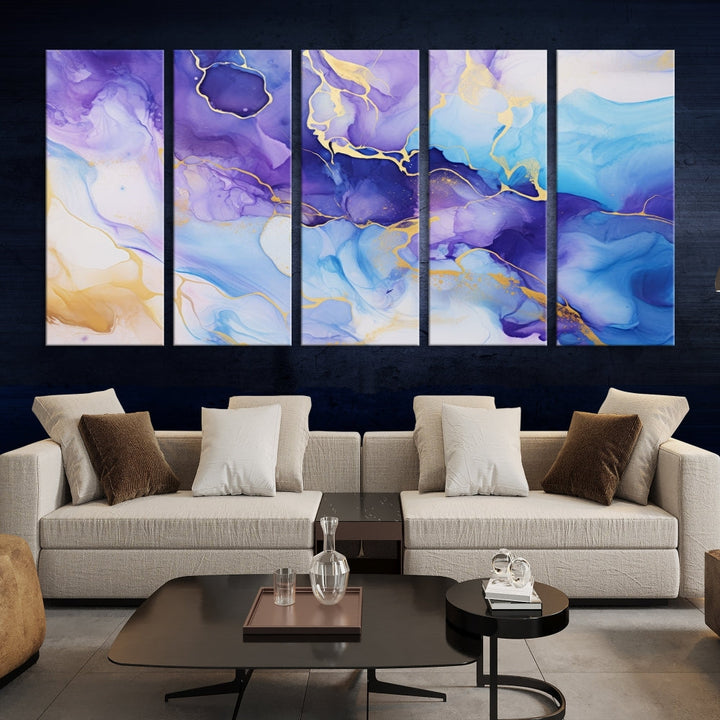 Purple Blue Gold Painting, Large Canvas Wall Art, Abstract Print, Marble Art, Modern Wall Decor