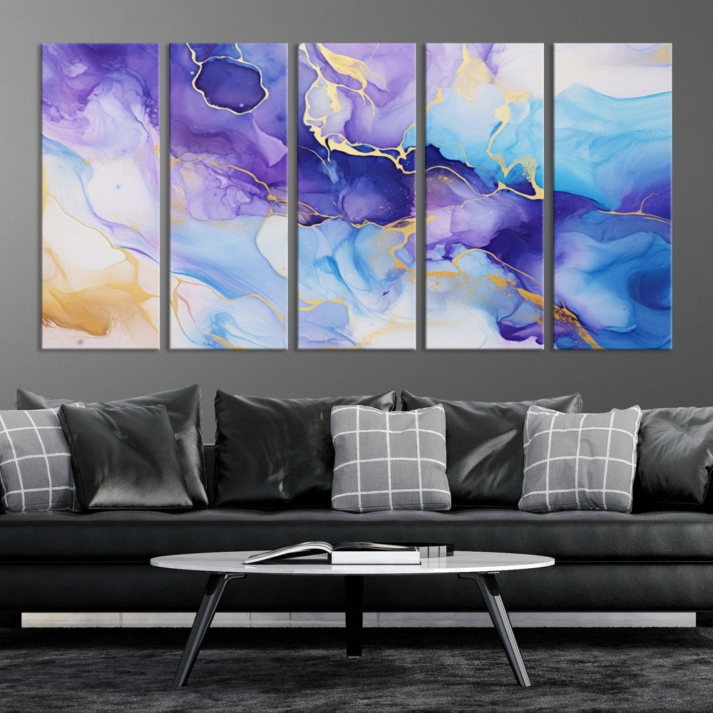 Purple Blue Gold Painting, Large Canvas Wall Art, Abstract Print, Marble Art, Modern Wall Decor