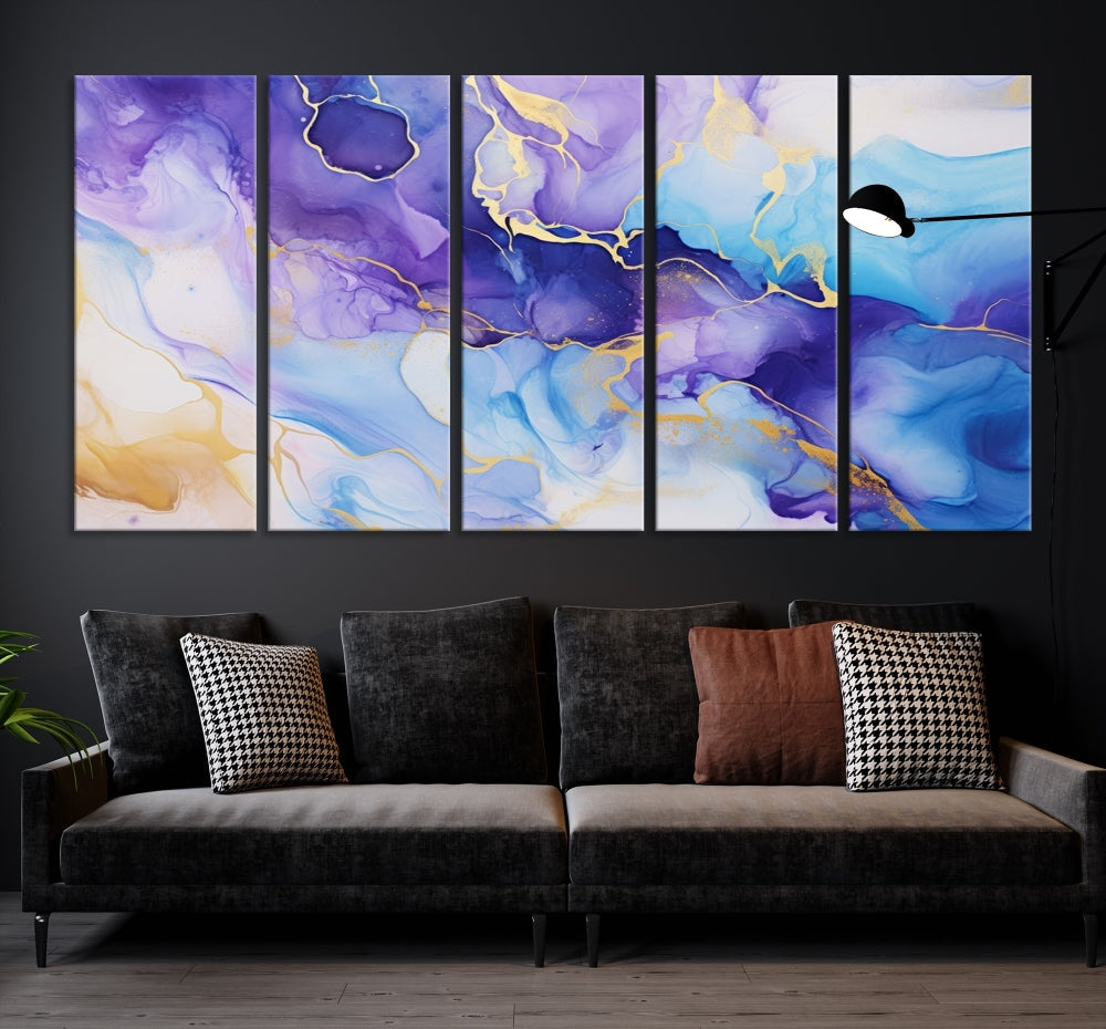 Purple Blue Gold Painting, Large Canvas Wall Art, Abstract Print, Marble Art, Modern Wall Decor