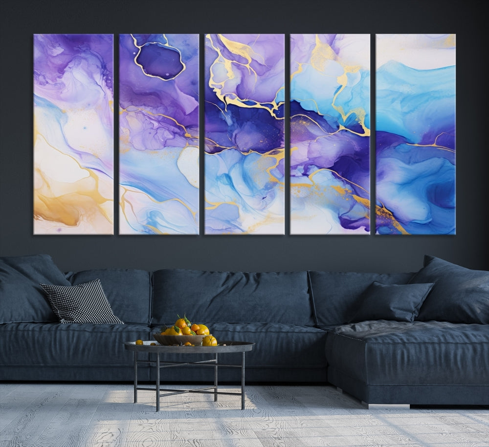 Purple Blue Gold Painting, Large Canvas Wall Art, Abstract Print, Marble Art, Modern Wall Decor