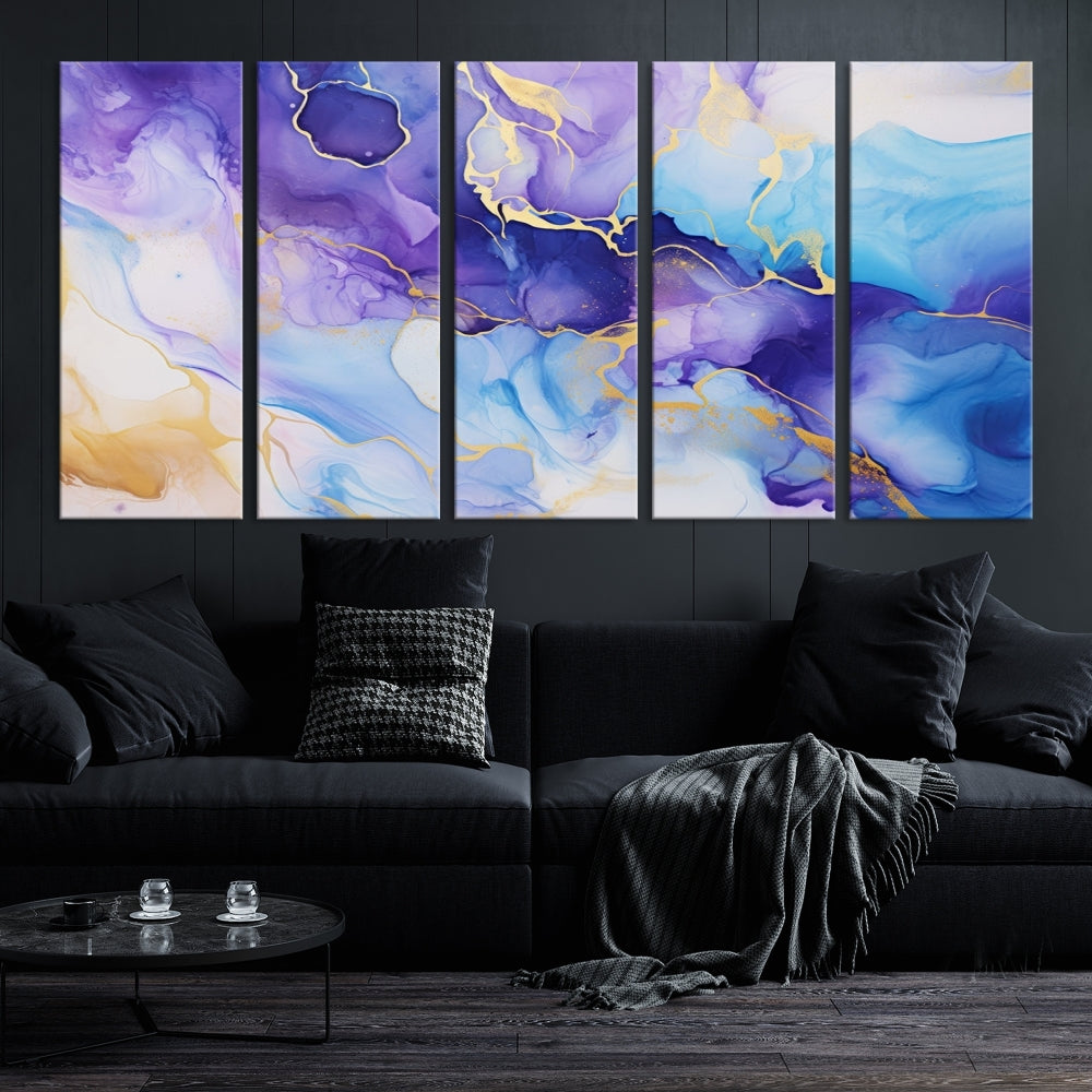 Purple Blue Gold Painting, Large Canvas Wall Art, Abstract Print, Marble Art, Modern Wall Decor