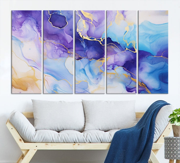 Purple Blue Gold Painting, Large Canvas Wall Art, Abstract Print, Marble Art, Modern Wall Decor