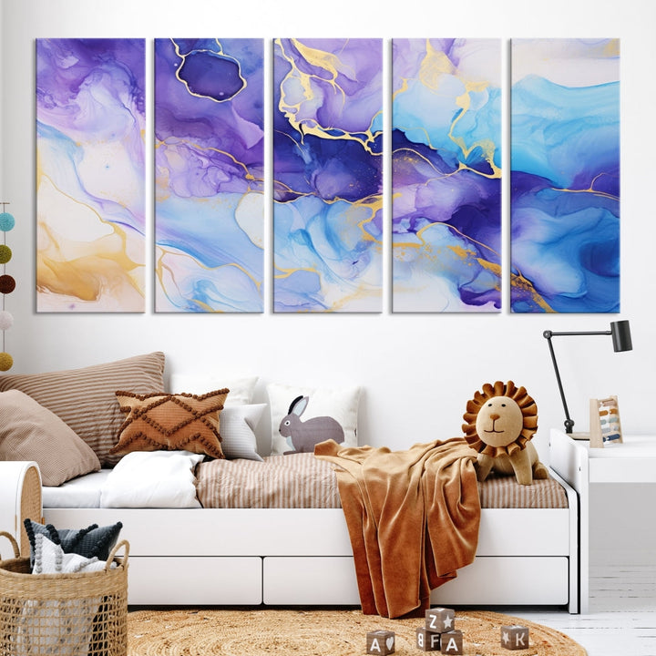 Purple Blue Gold Painting, Large Canvas Wall Art, Abstract Print, Marble Art, Modern Wall Decor