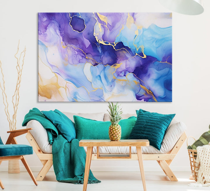 Purple Blue Gold Painting, Large Canvas Wall Art, Abstract Print, Marble Art, Modern Wall Decor