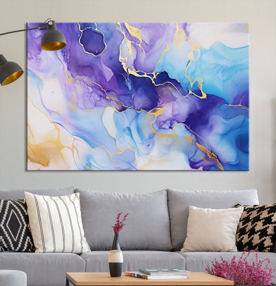 Purple Blue Gold Painting, Large Canvas Wall Art, Abstract Print, Marble Art, Modern Wall Decor