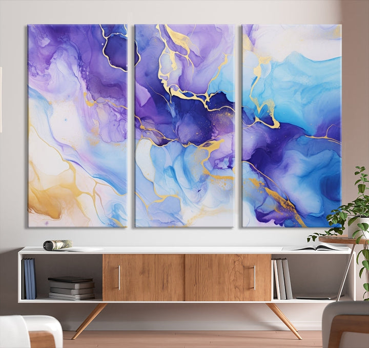 Purple Blue Gold Painting, Large Canvas Wall Art, Abstract Print, Marble Art, Modern Wall Decor