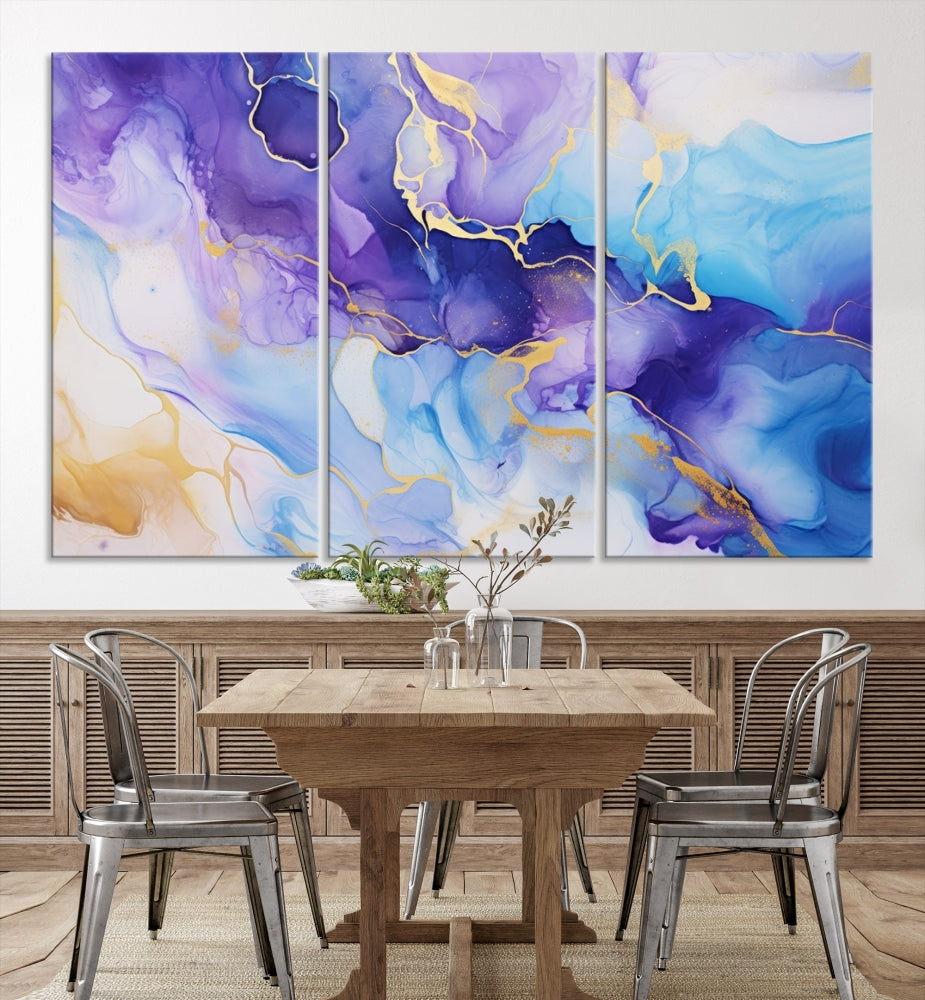 Purple Blue Gold Painting, Large Canvas Wall Art, Abstract Print, Marble Art, Modern Wall Decor