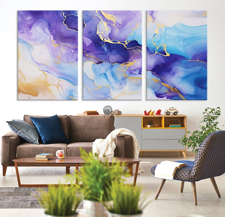 Purple Blue Gold Painting, Large Canvas Wall Art, Abstract Print, Marble Art, Modern Wall Decor