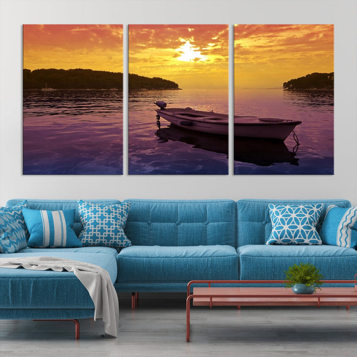 Purple Sea and Yellow Sky Ocean View Large Wall Art Landscape Canvas Print