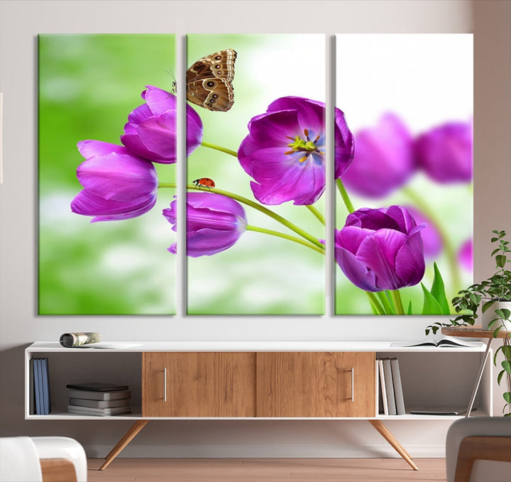 Purple Tulips Butterfly Floral Canvas Wall Art Giclee Print