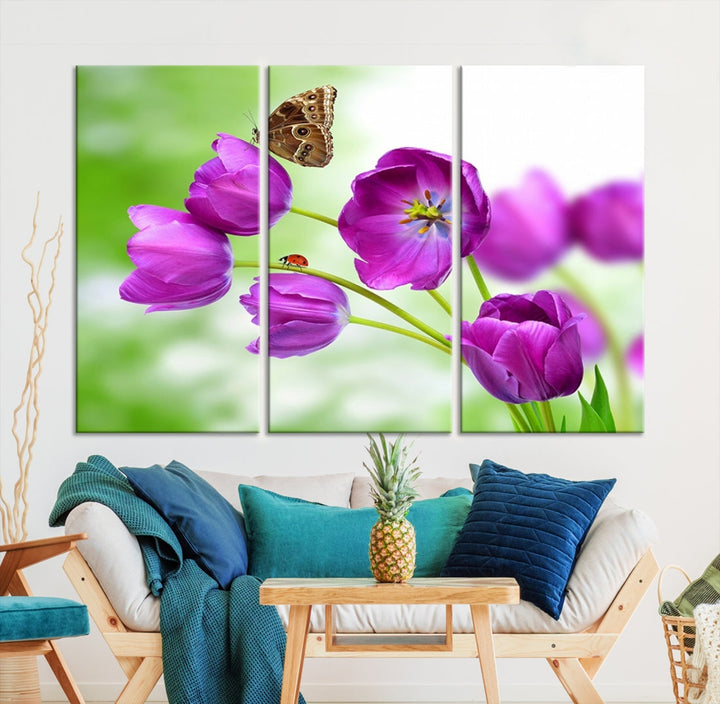 Purple Tulips Butterfly Floral Canvas Wall Art Giclee Print