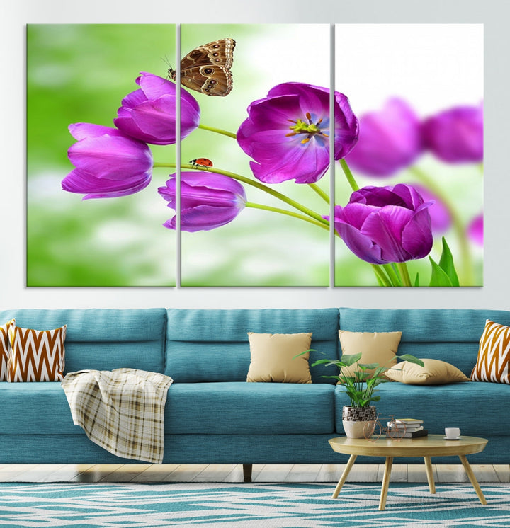 Purple Tulips Butterfly Floral Canvas Wall Art Giclee Print