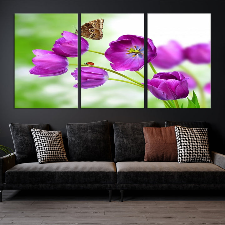 Purple Tulips Butterfly Floral Canvas Wall Art Giclee Print