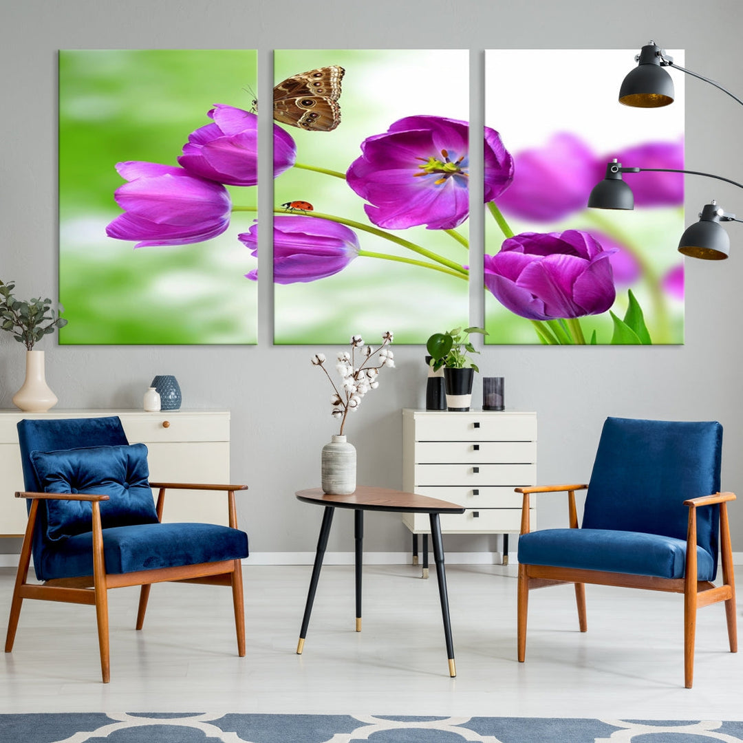 Purple Tulips Butterfly Floral Canvas Wall Art Giclee Print