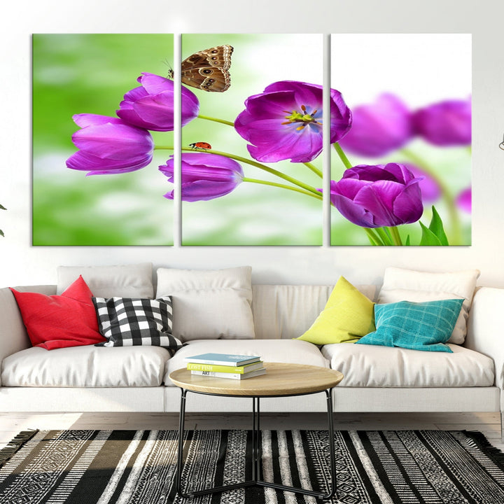 Purple Tulips Butterfly Floral Canvas Wall Art Giclee Print