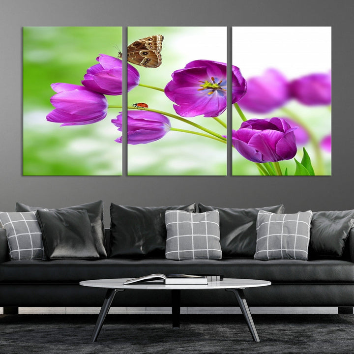 Purple Tulips Butterfly Floral Canvas Wall Art Giclee Print