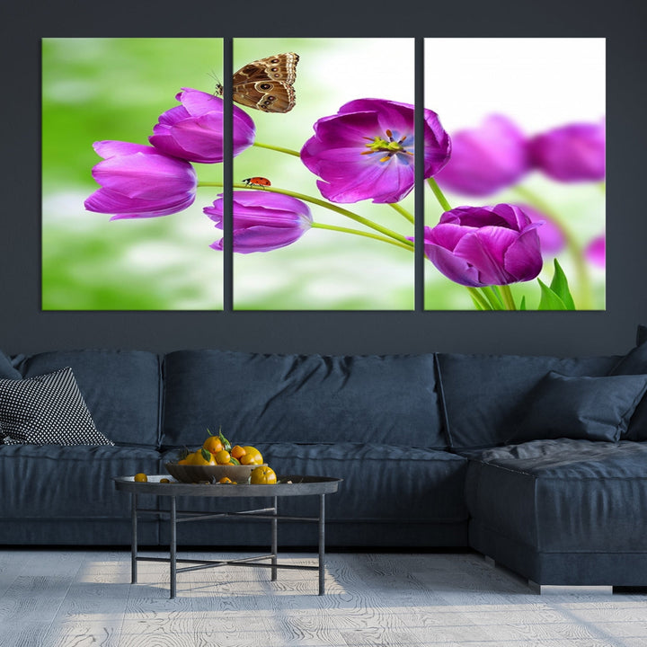 Purple Tulips Butterfly Floral Canvas Wall Art Giclee Print