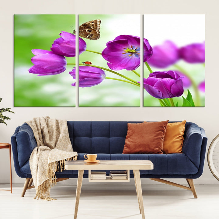 Purple Tulips Butterfly Floral Canvas Wall Art Giclee Print