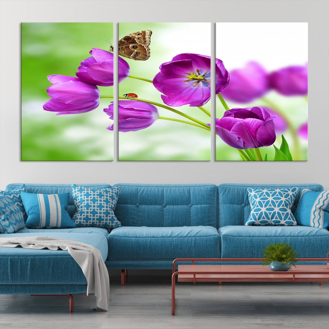 Purple Tulips Butterfly Floral Canvas Wall Art Giclee Print