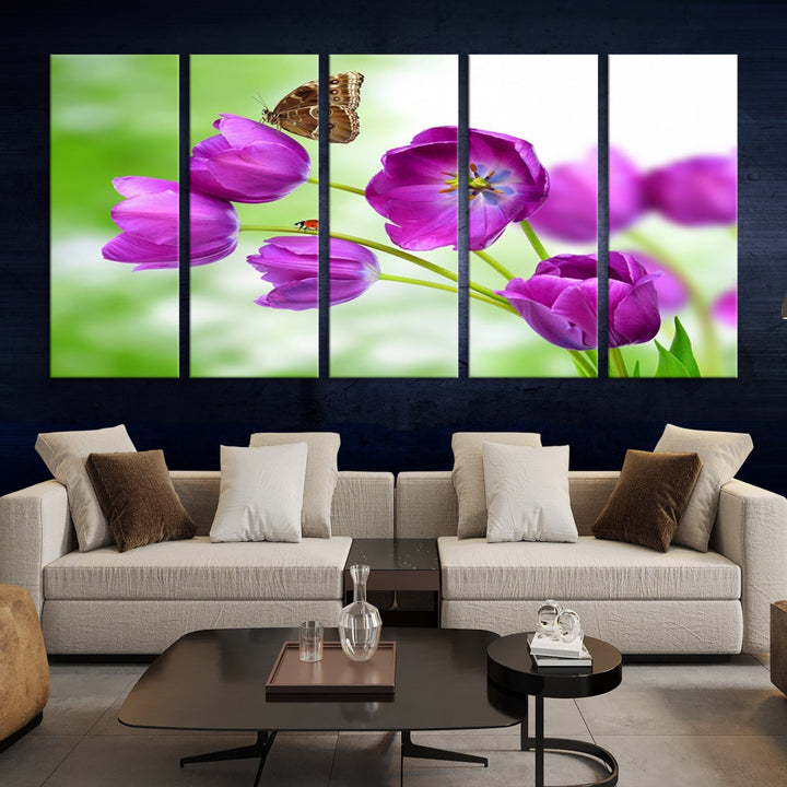 Purple Tulips Butterfly Floral Canvas Wall Art Giclee Print